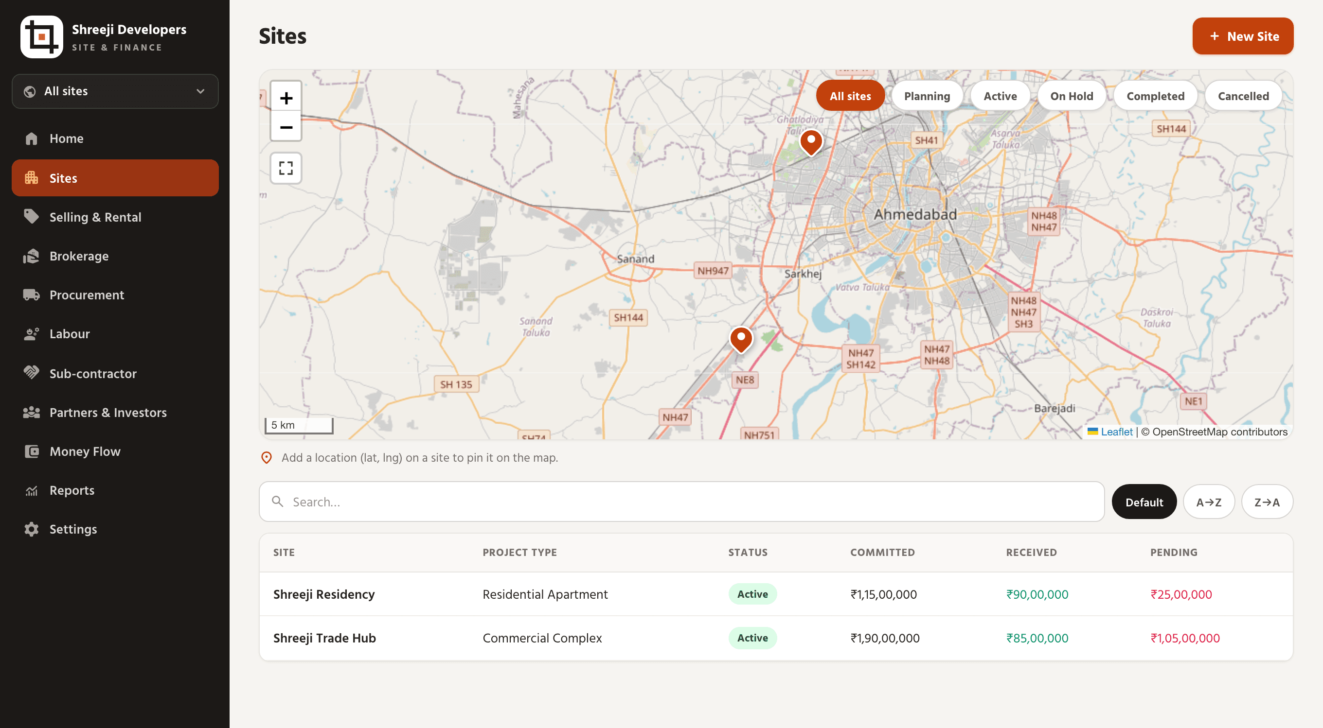 The Sites screen in Sitegride: a map of every project with a table of committed, received and pending amounts per site